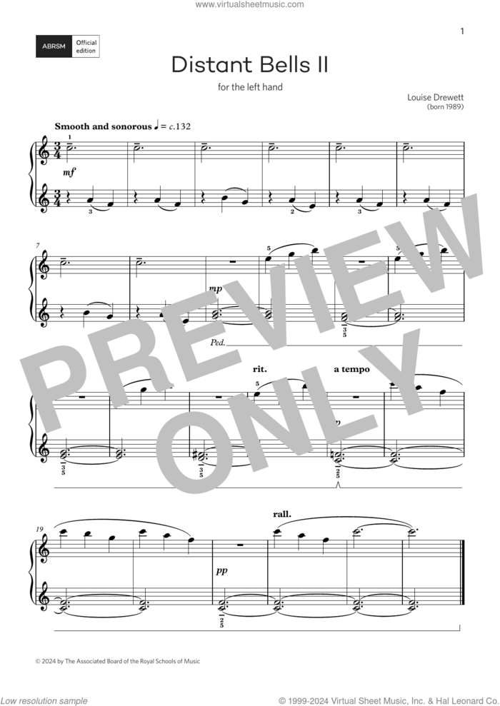 Distant Bells II:Afor left and right hand (Grade 1, list B, ABRSM Piano Syllabus 2025 and 2026) sheet music for piano solo by Louise Drewett, classical score, intermediate skill level