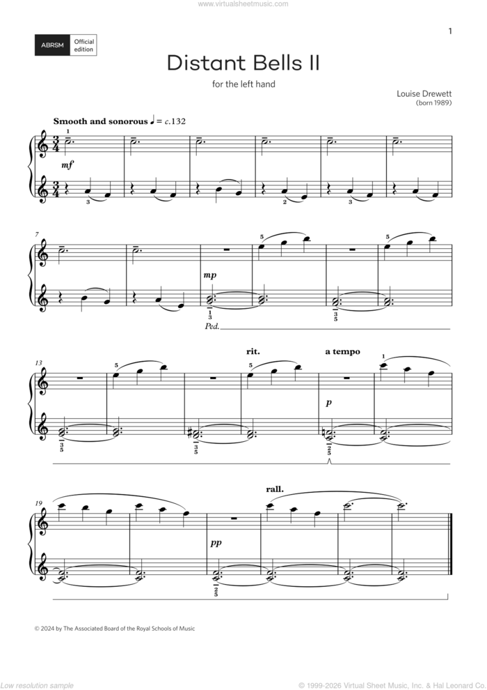 Distant Bells II:A�for left and right hand (Grade 1, list B, ABRSM Piano Syllabus 2025 and 2026) sheet music for piano solo by Louise Drewett, classical score, intermediate skill level