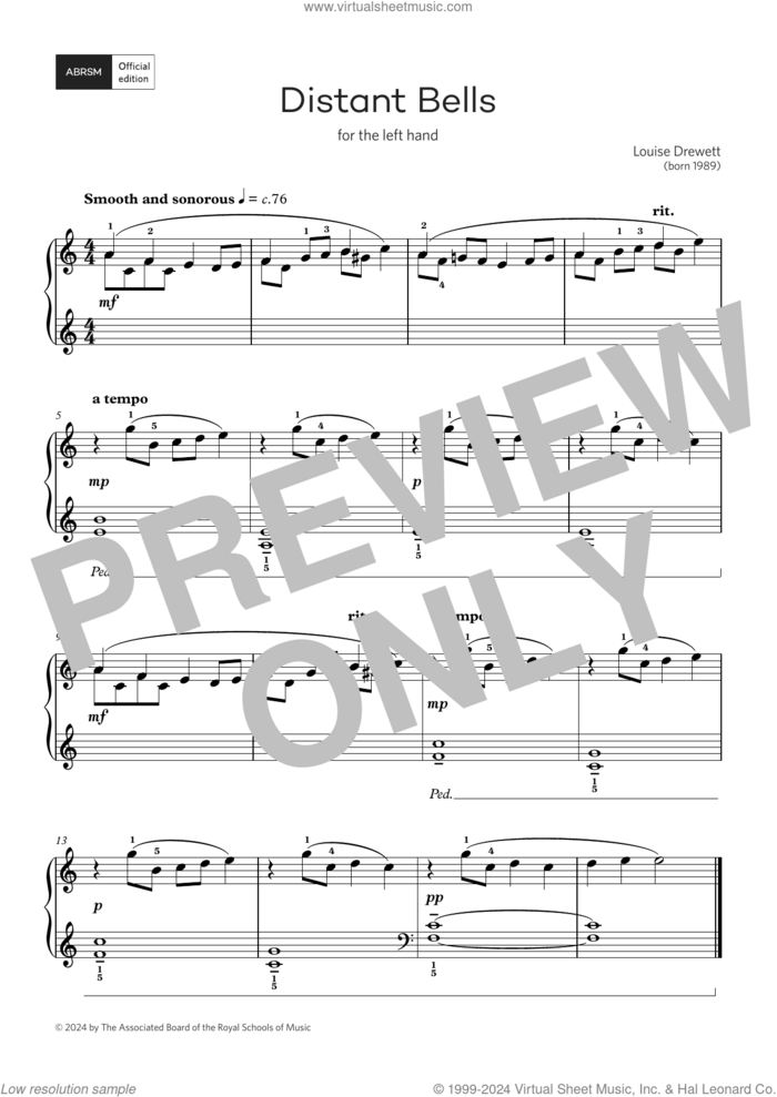 Distant Bells:Afor left hand only (Grade 1, list B, from the ABRSM Piano Syllabus 2025 and 2026) sheet music for piano solo by Louise Drewett, classical score, intermediate skill level