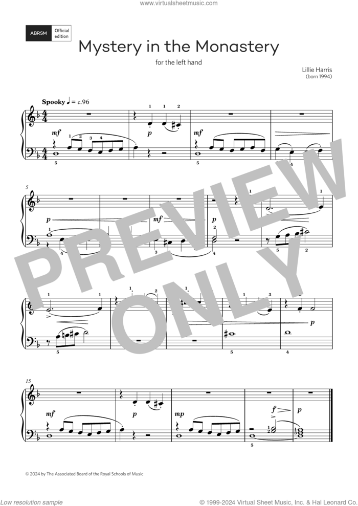 Mystery in the Monastery:Afor left hand only (Grade 1, list C, ABRSM Piano Syllabus 2025 and 2026) sheet music for piano solo by Lillie Harris, classical score, intermediate skill level