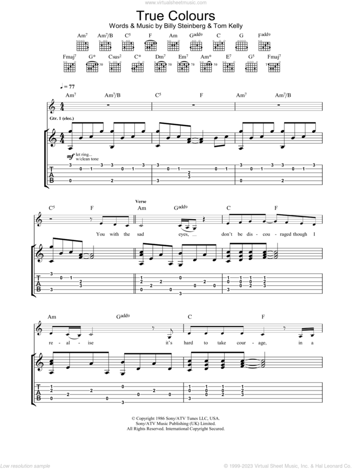 True Colours sheet music for guitar (tablature) by Eva Cassidy and Billy Steinberg, intermediate skill level