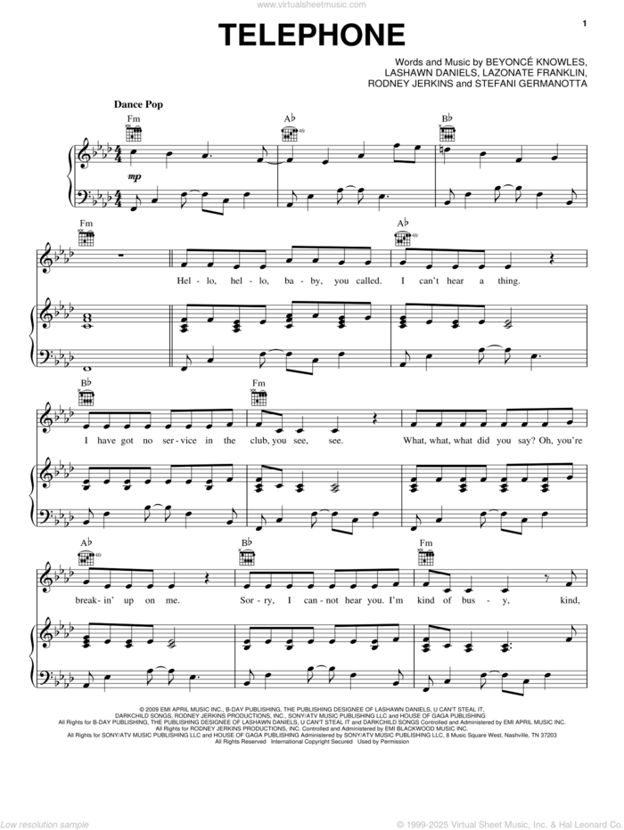 Telephone sheet music for voice, piano or guitar by Lady GaGa featuring Beyonce, Lady GaGa, Beyonce, Lady Gaga, LaShawn Daniels, Lazonate Franklin and Rodney Jerkins, intermediate skill level