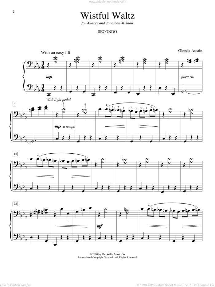 Wistful Waltz sheet music for piano four hands by Glenda Austin, classical score, intermediate skill level
