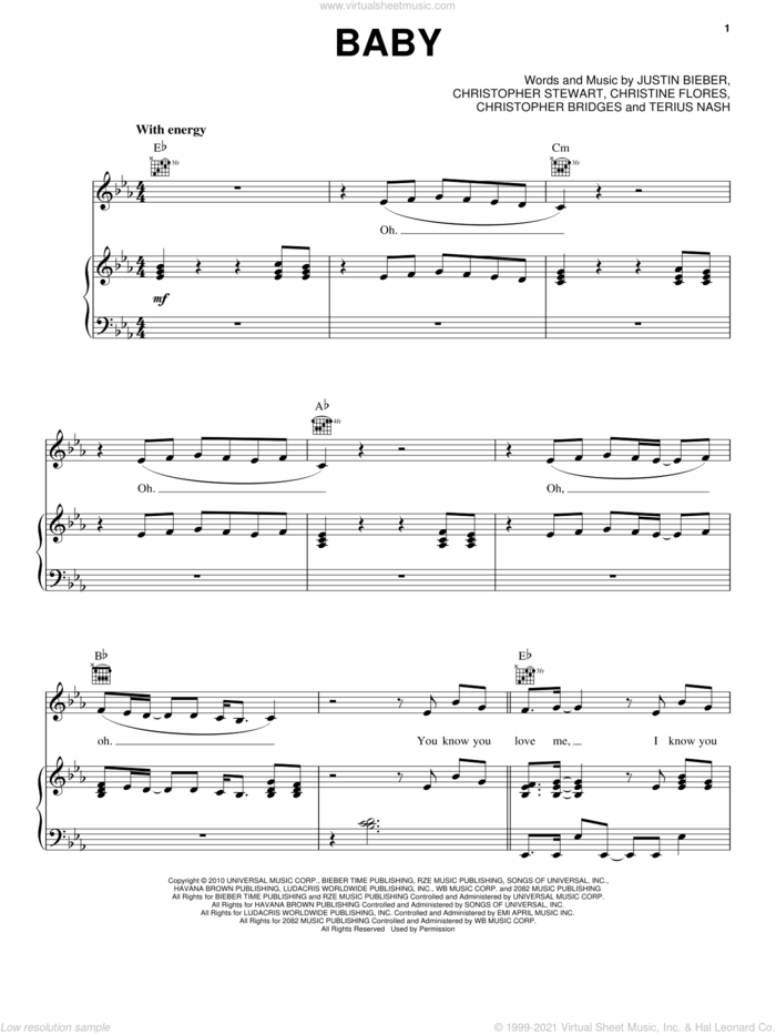 Baby (feat. Ludacris) sheet music for voice, piano or guitar by Justin Bieber featuring Ludacris, Justin Bieber, Ludacris, Christine Flores, Christopher Bridges, Christopher Stewart and Terius Nash, intermediate skill level