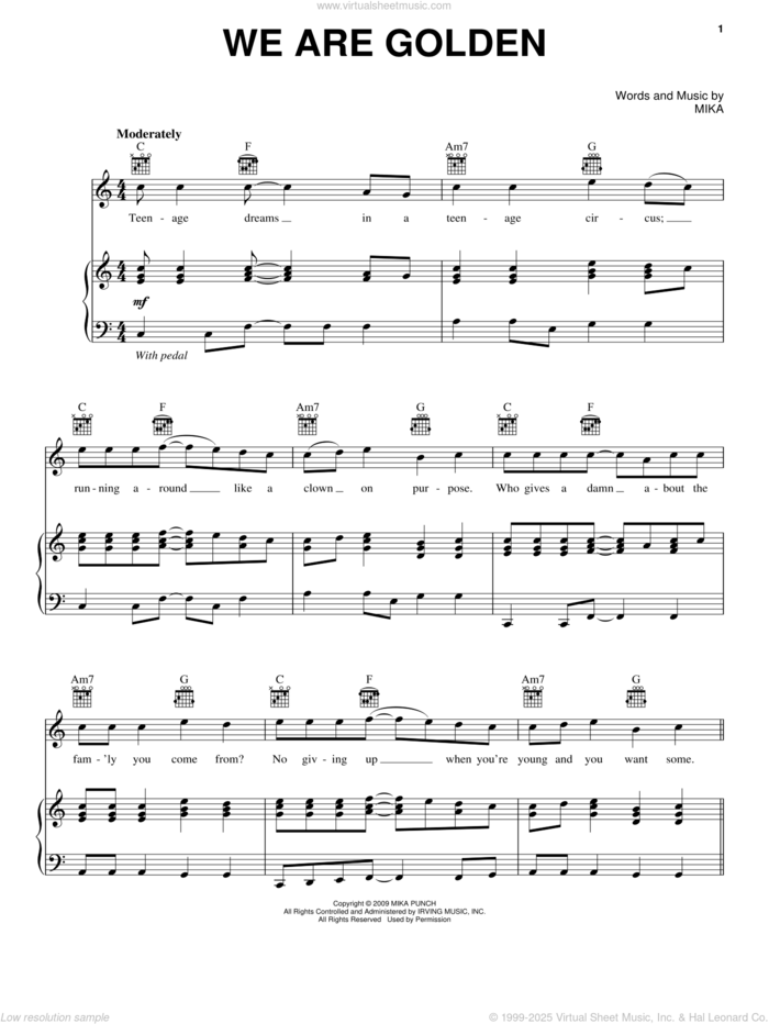 We Are Golden sheet music for voice, piano or guitar by Mika, intermediate skill level