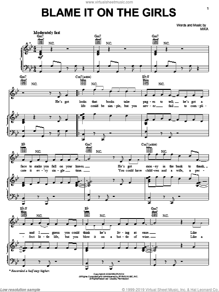 Blame It On The Girls sheet music for voice, piano or guitar by Mika, intermediate skill level