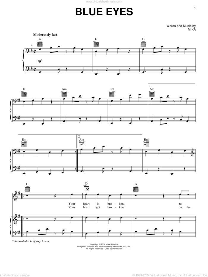 Blue Eyes sheet music for voice, piano or guitar by Mika, intermediate skill level