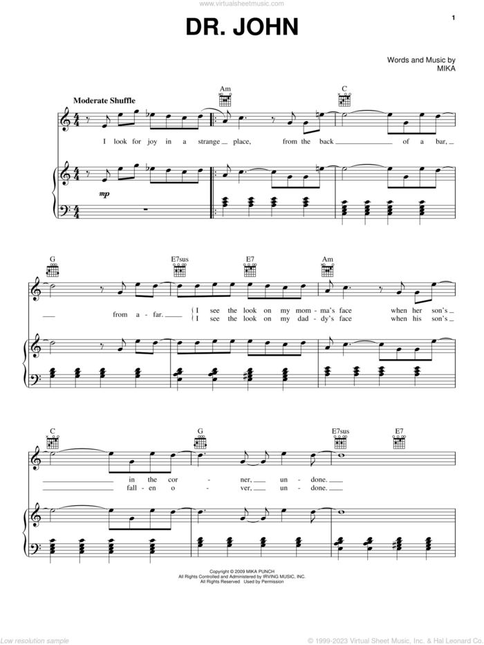 Dr. John sheet music for voice, piano or guitar by Mika, intermediate skill level