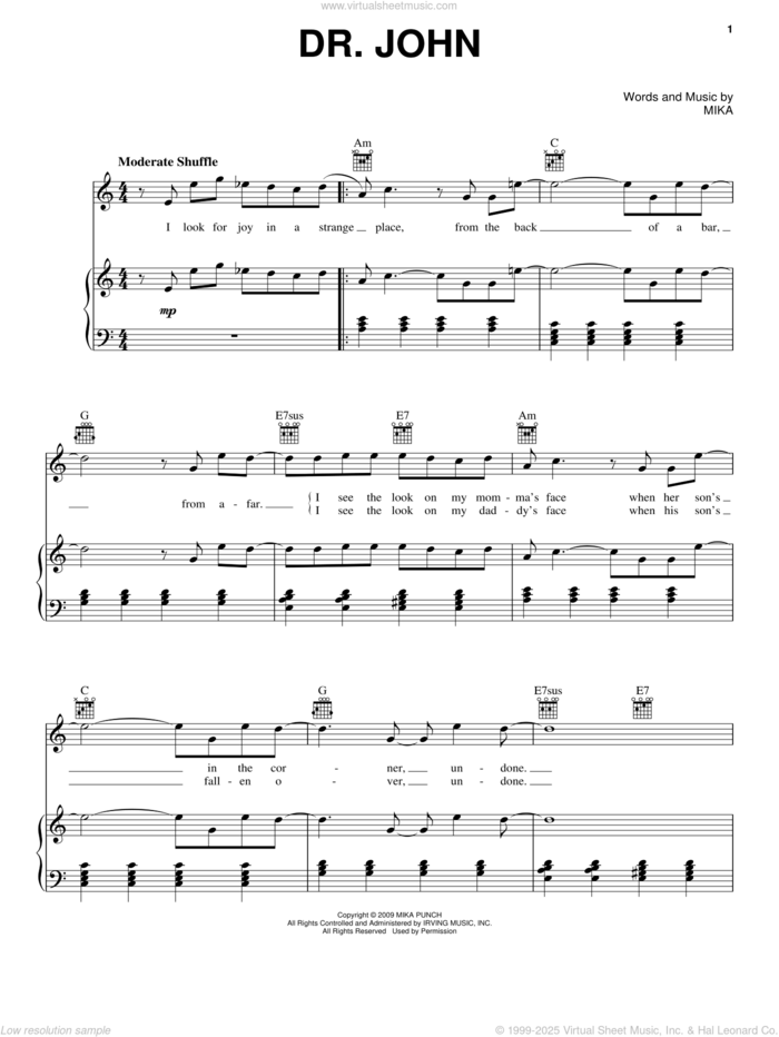 Dr. John sheet music for voice, piano or guitar by Mika, intermediate skill level