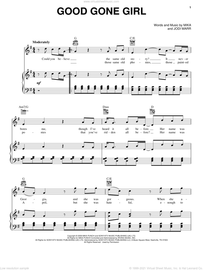 Good Gone Girl sheet music for voice, piano or guitar by Mika and Jodi Marr, intermediate skill level