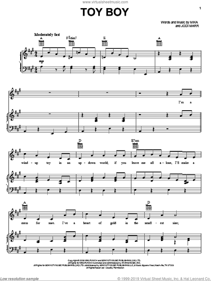 Toy Boy sheet music for voice, piano or guitar by Mika and Jodi Marr, intermediate skill level