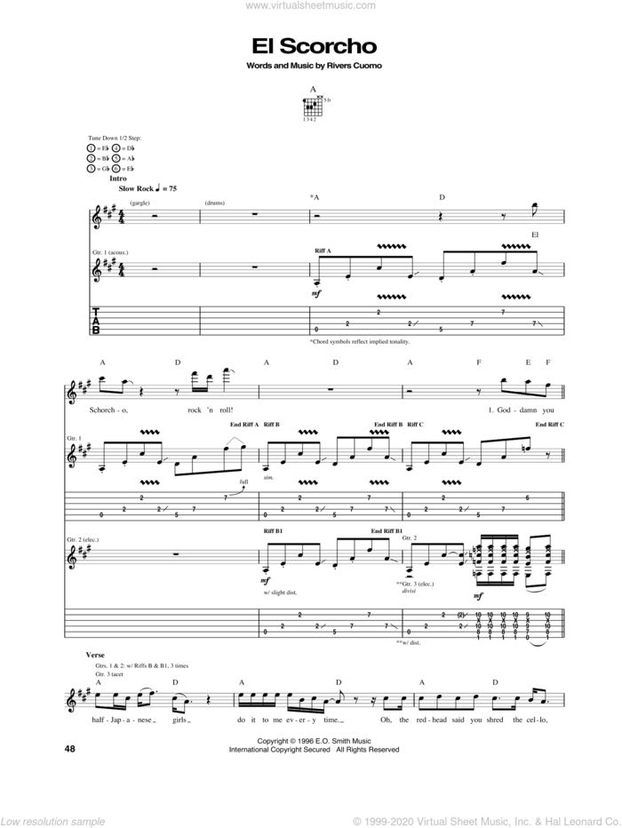 El Scorcho sheet music for guitar (tablature) by Weezer and Rivers Cuomo, intermediate skill level