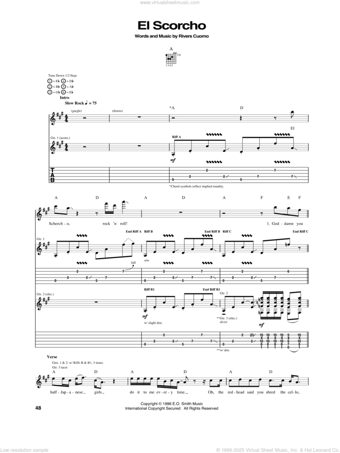 El Scorcho sheet music for guitar (tablature) by Weezer and Rivers Cuomo, intermediate skill level