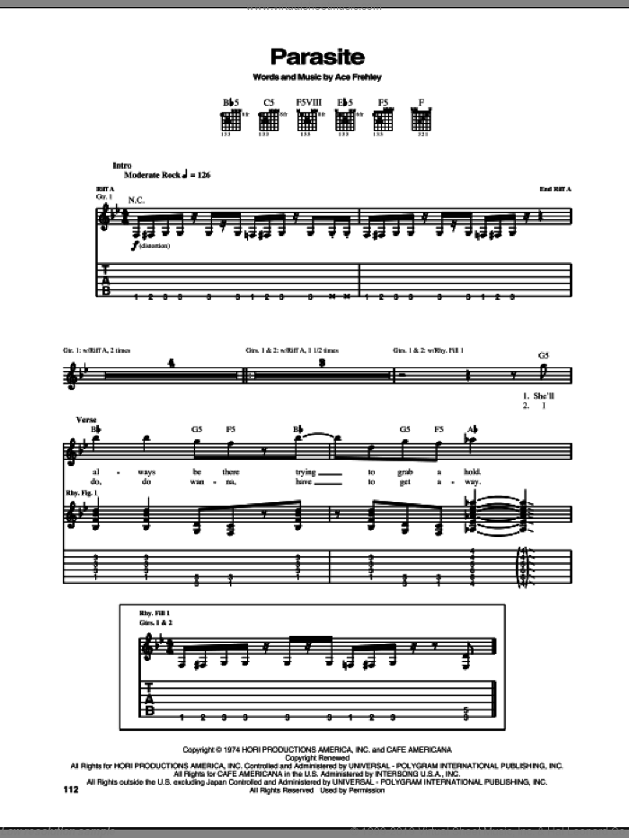 Parasite sheet music for guitar (tablature) by KISS and Ace Frehley, intermediate skill level