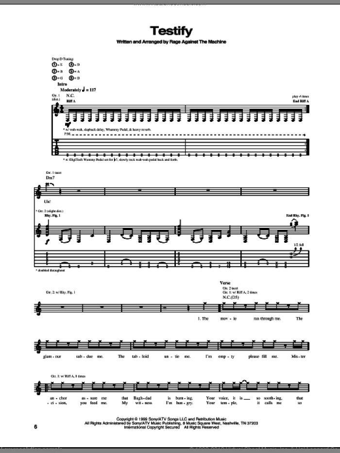 Testify sheet music for guitar (tablature) by Rage Against The Machine, intermediate skill level