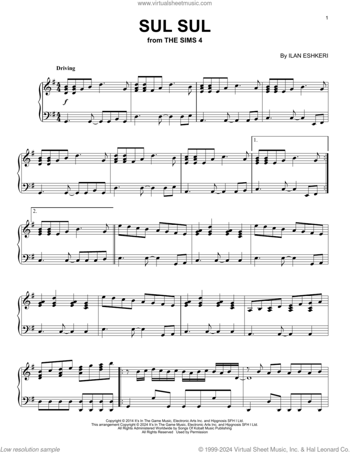 Sul Sul (from The Sims 4) sheet music for piano solo by Ilan Eshkeri, intermediate skill level