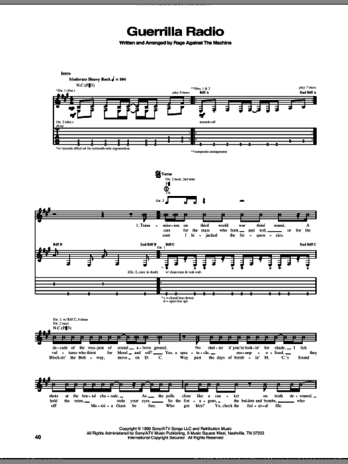 Guerrilla Radio sheet music for guitar (tablature) by Rage Against The Machine, intermediate skill level