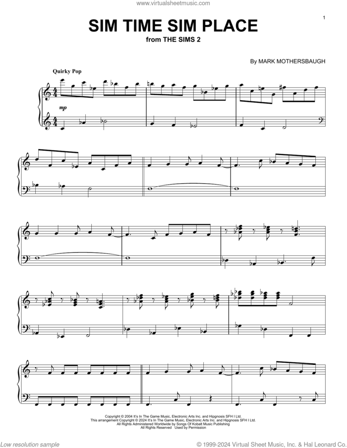 Sim Time Sim Place (from The Sims 2) sheet music for piano solo by Mark Mothersbaugh, intermediate skill level