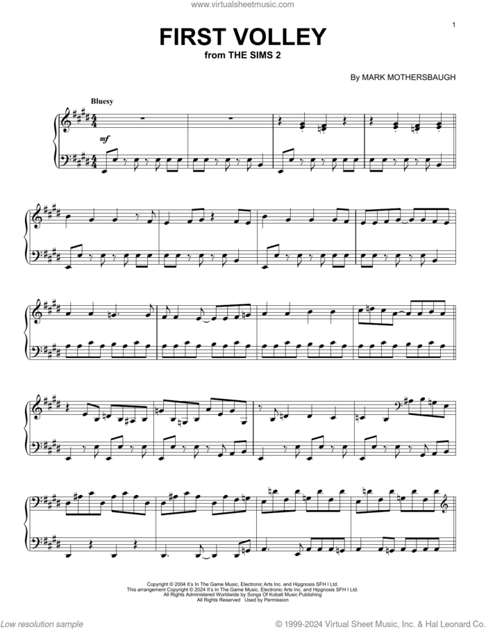 First Volley (from The Sims 2) sheet music for piano solo by Mark Mothersbaugh, intermediate skill level