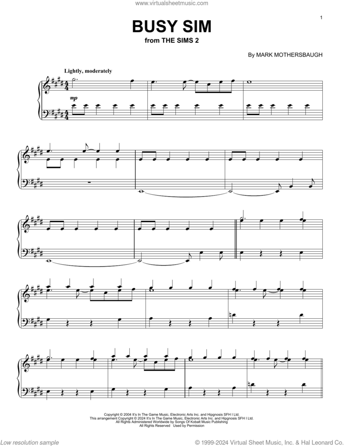 Busy Sim (from The Sims 2) sheet music for piano solo by Mark Mothersbaugh, intermediate skill level