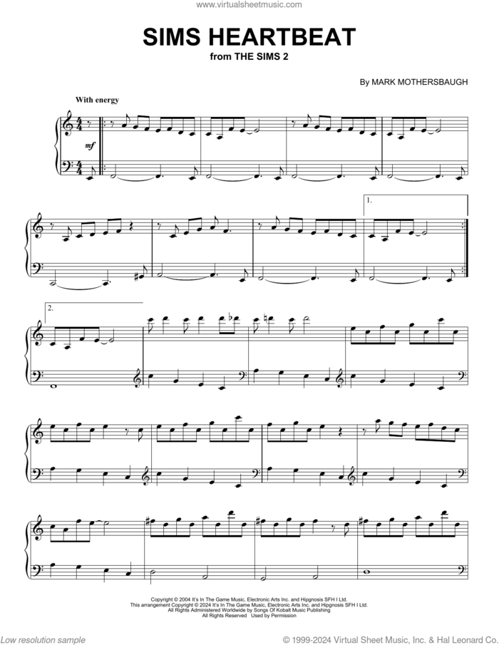 Sims Heartbeat (from The Sims 2) sheet music for piano solo by Mark Mothersbaugh, intermediate skill level