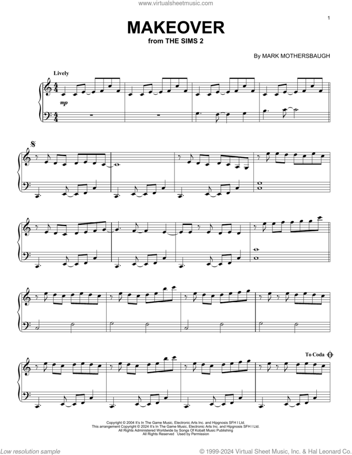 Makeover (from The Sims 2) sheet music for piano solo by Mark Mothersbaugh, intermediate skill level