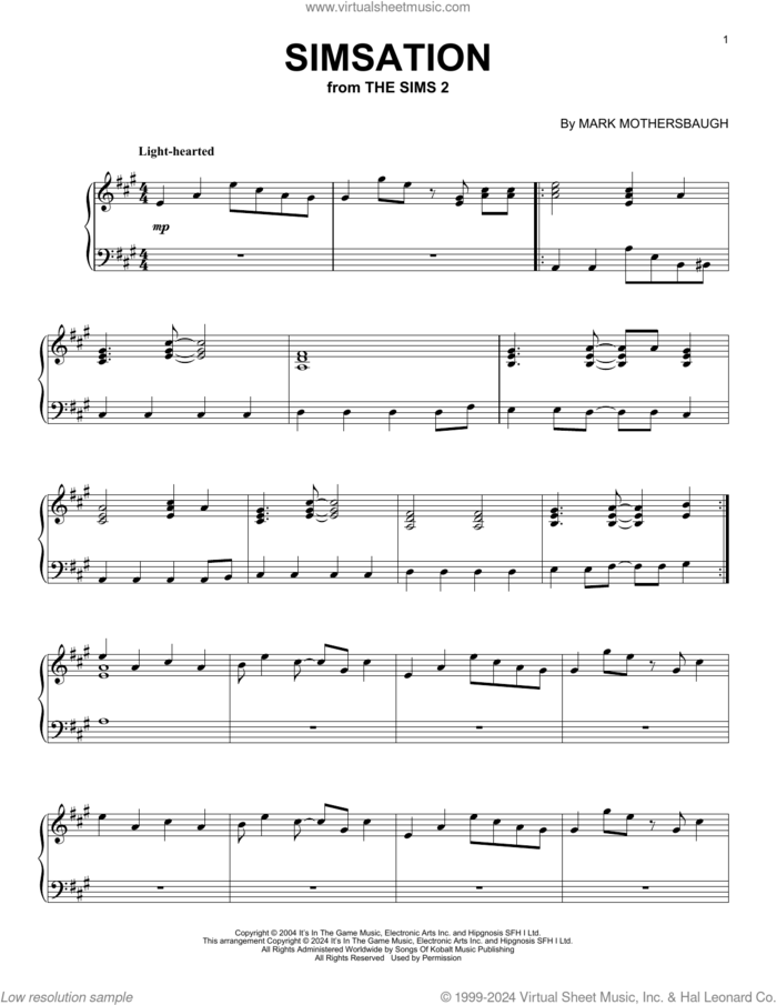 Simsation (from The Sims 2) sheet music for piano solo by Mark Mothersbaugh, intermediate skill level