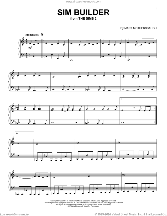 Sim Builder (from The Sims 2) sheet music for piano solo by Mark Mothersbaugh, intermediate skill level