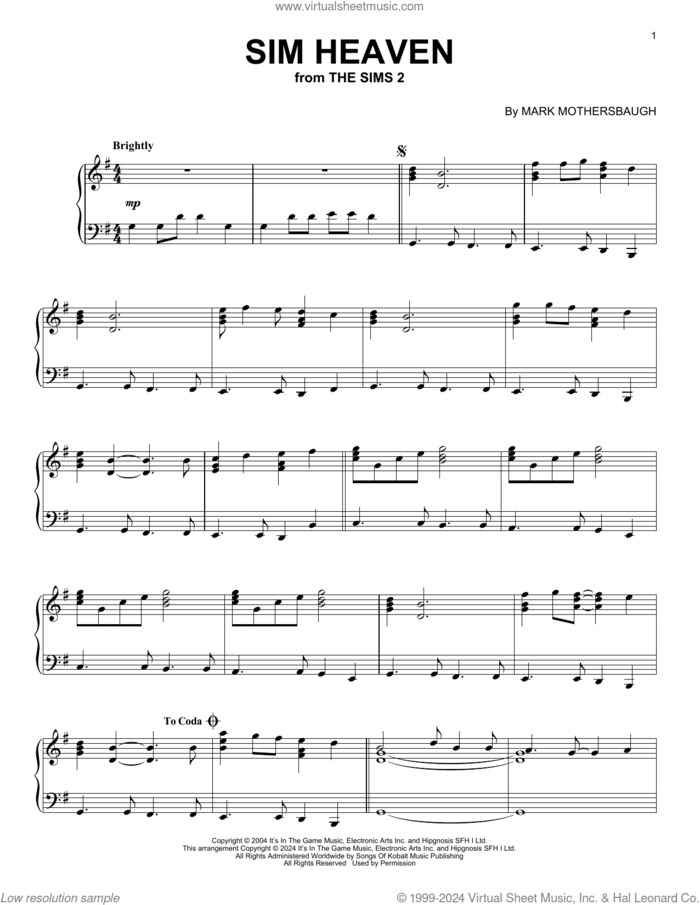 Sim Heaven (from The Sims 2) sheet music for piano solo by Mark Mothersbaugh, intermediate skill level