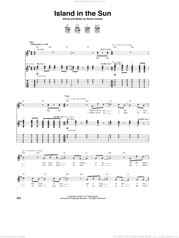 Island In The Sun sheet music for guitar (tablature) by Weezer and Rivers Cuomo, intermediate skill level