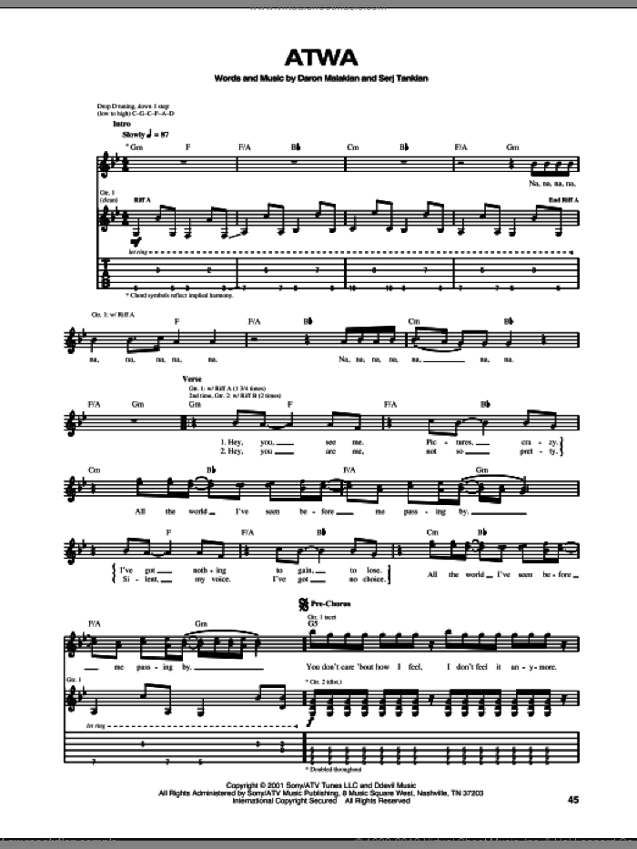 ATWA sheet music for guitar (tablature) by System Of A Down, Daron Malakian and Serj Tankian, intermediate skill level