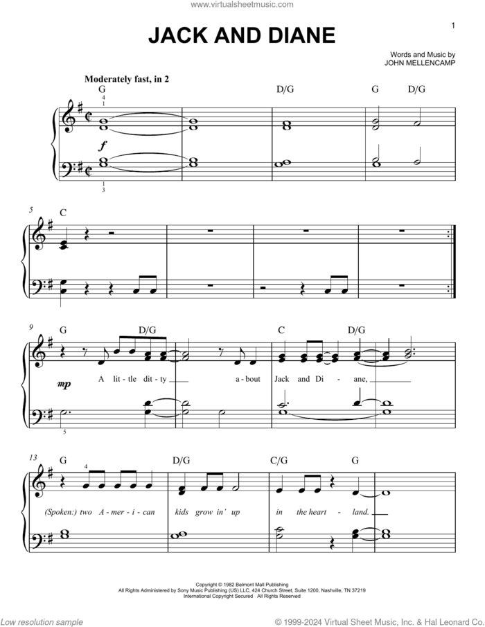 Jack And Diane sheet music for piano solo by John Mellencamp and John 'Cougar' Mellencamp, easy skill level