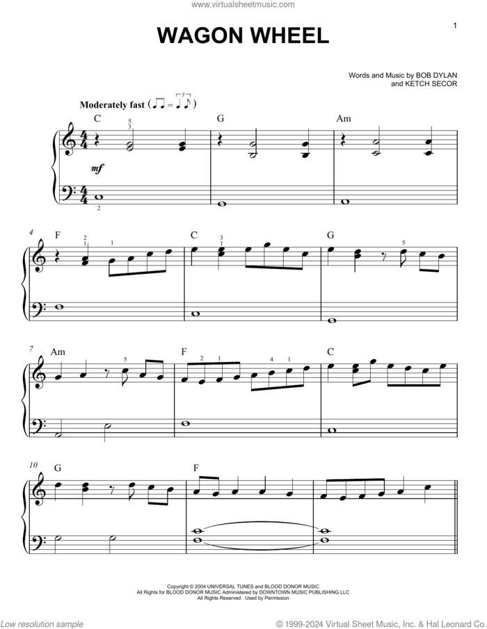 Wagon Wheel, (easy) sheet music for piano solo by Old Crow Medicine Show, Darius Rucker, Bob Dylan and Ketch Secor, easy skill level