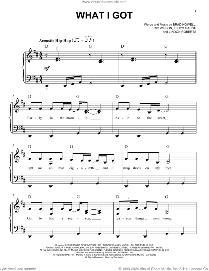 What I Got sheet music for piano solo by Sublime, Brad Nowell, Eric Wilson, Floyd Gaugh and Lindon Roberts, easy skill level