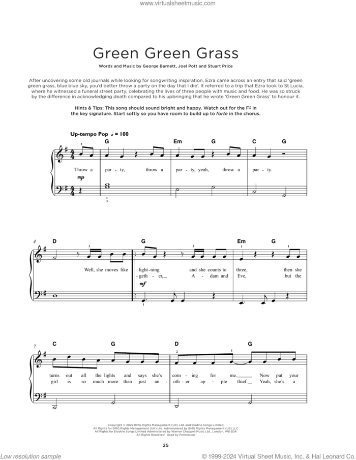 Green Green Grass, (beginner) sheet music for piano solo by George Ezra, George Barnett, Joel Pott and Stuart Price, beginner skill level