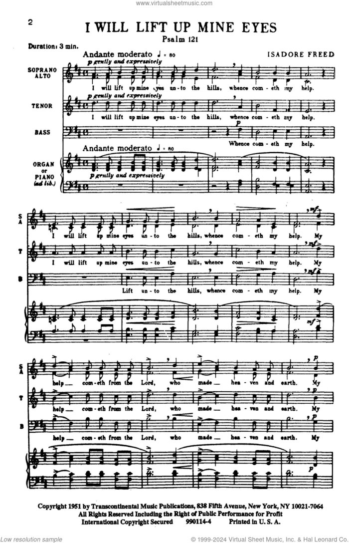 Psalm 121: I Will Lift Up Mine Eyes (from Three Psalms) sheet music for choir (SATB: soprano, alto, tenor, bass) by Isadore Freed, intermediate skill level