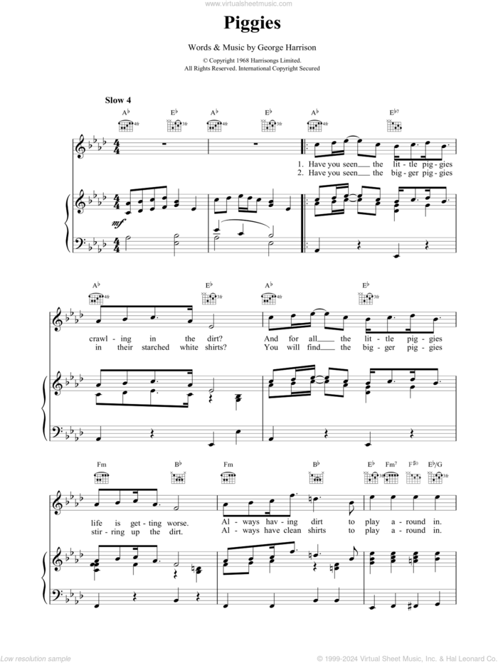 Piggies sheet music for voice, piano or guitar by The Beatles and Paul McCartney, intermediate skill level