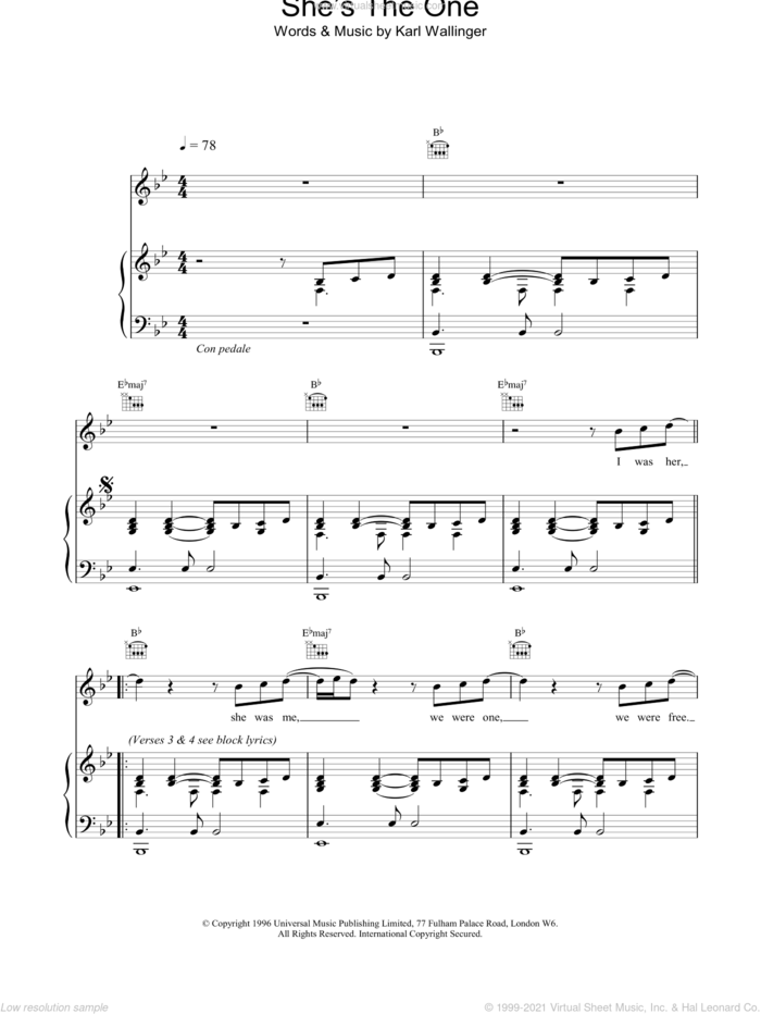 She's The One sheet music for voice, piano or guitar by Robbie Williams and Karl Wallinger, intermediate skill level