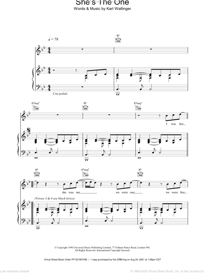 She's The One sheet music for voice, piano or guitar by Robbie Williams and Karl Wallinger, intermediate skill level