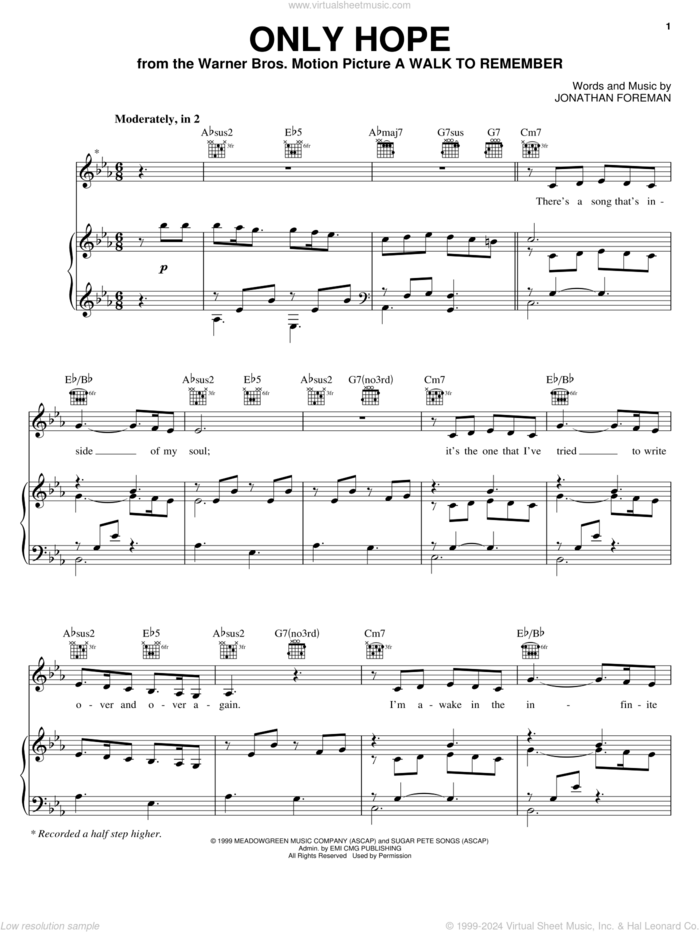 Only Hope sheet music for voice, piano or guitar by Mandy Moore and Jonathan Foreman, intermediate skill level