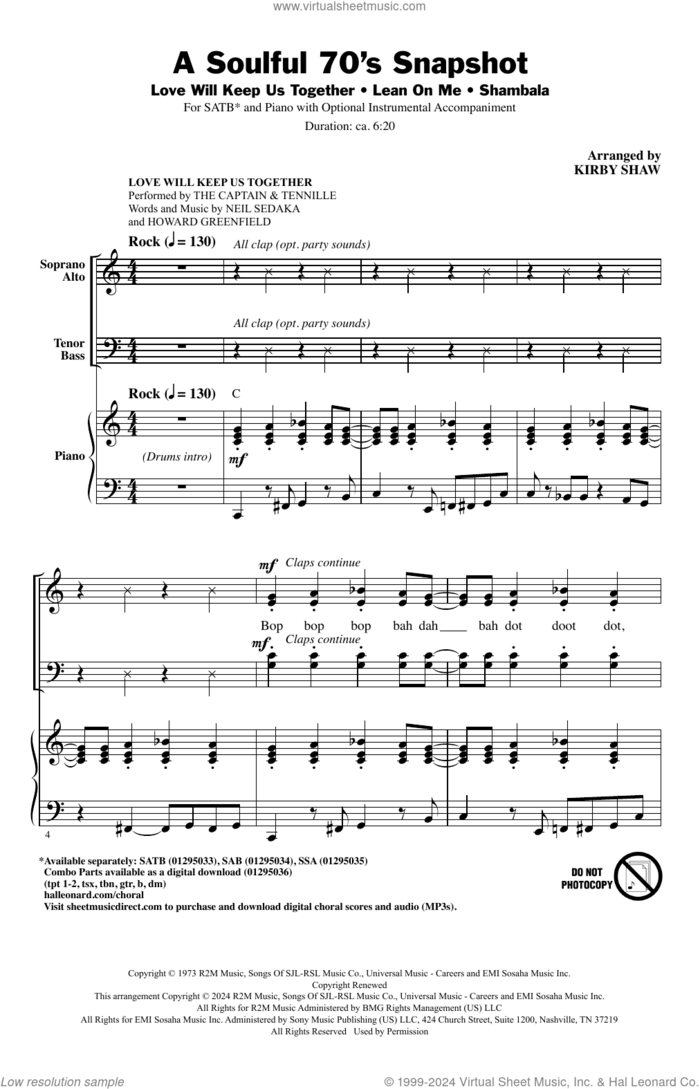 A Soulful 70's Snapshot (Medley) sheet music for choir (SATB: soprano, alto, tenor, bass) by Kirby Shaw, intermediate skill level