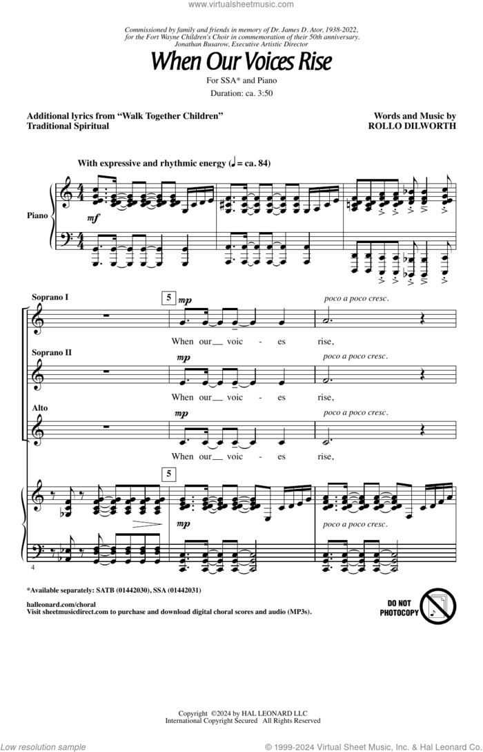 When Our Voices Rise sheet music for choir (SSA: soprano, alto) by Rollo Dilworth and Miscellaneous, intermediate skill level