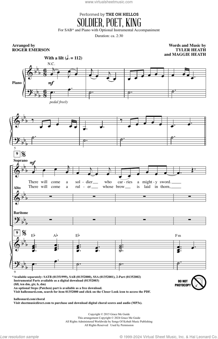 Soldier, Poet, King (arr. Roger Emerson) sheet music for choir (SAB: soprano, alto, bass) by The Oh Hellos, Roger Emerson, Maggie Heath and Tyler Heath, intermediate skill level