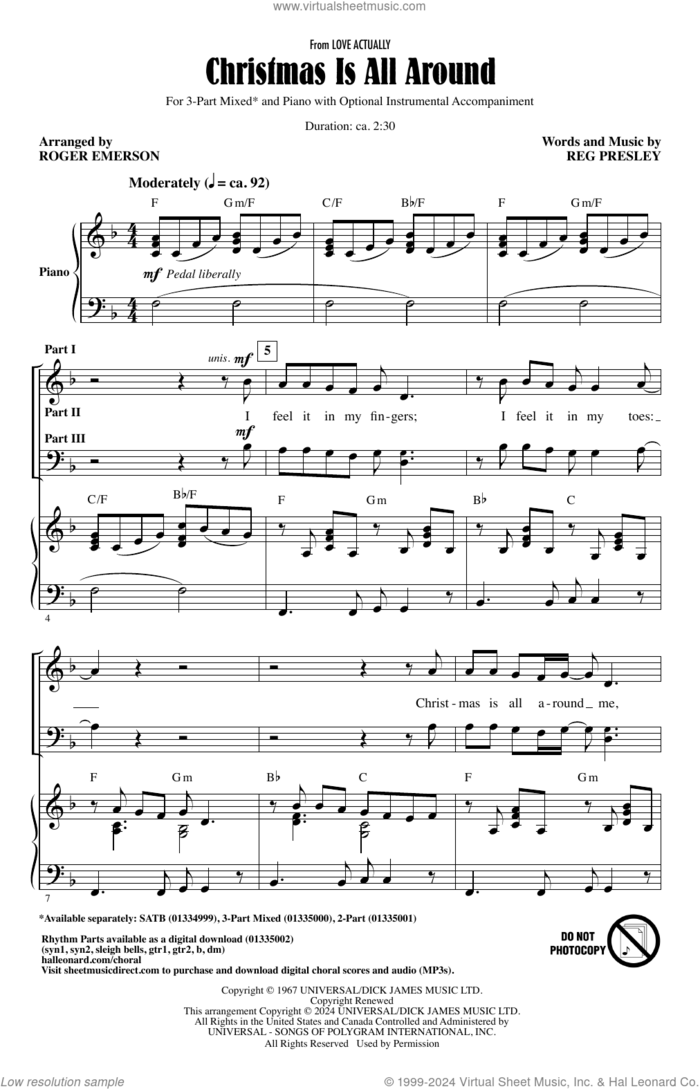 Christmas Is All Around (from Love Actually) (arr. Roger Emerson) sheet music for choir (3-Part Mixed) by Reg Presley and Roger Emerson, intermediate skill level