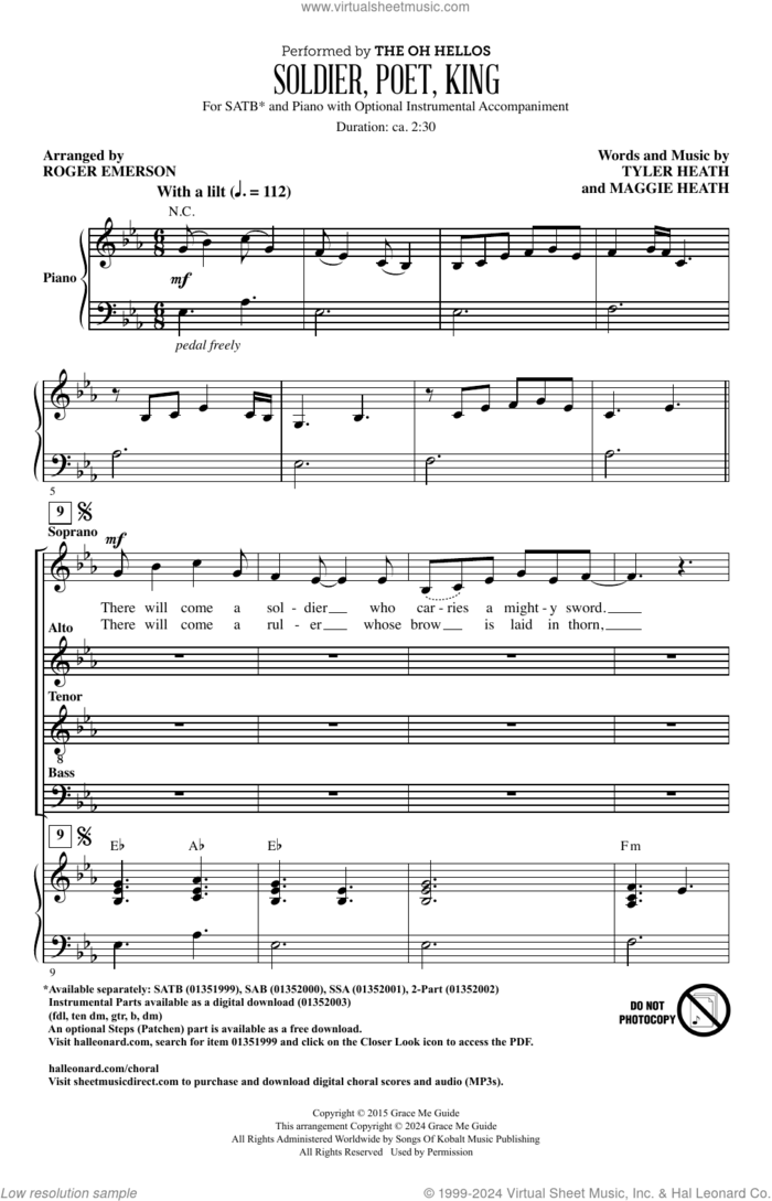 Soldier, Poet, King (arr. Roger Emerson) sheet music for choir (SATB: soprano, alto, tenor, bass) by The Oh Hellos, Roger Emerson, Maggie Heath and Tyler Heath, intermediate skill level