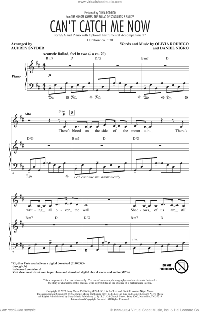 Can't Catch Me Now (from The Hunger Games: The Ballad Of Songbirds and Snakes) (arr. Audrey Snyder) sheet music for choir (SSA: soprano, alto) by Olivia Rodrigo, Audrey Snyder and Daniel Nigro, intermediate skill level