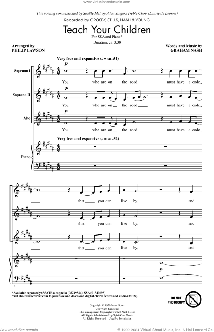 Teach Your Children (arr. Philip Lawson) sheet music for choir (SSA: soprano, alto) by Crosby, Stills, Nash & Young, Philip Lawson and Graham Nash, intermediate skill level