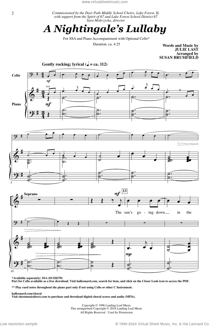 A Nightingale's Lullaby (arr. Susan Brumfield) sheet music for choir (SSA: soprano, alto) by Julie Last and Susan Brumfield, intermediate skill level