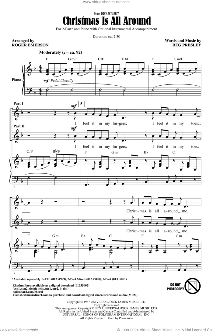 Christmas Is All Around (from Love Actually) (arr. Roger Emerson) sheet music for choir (2-Part) by Reg Presley and Roger Emerson, intermediate duet
