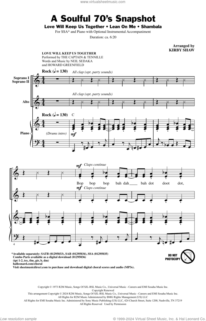 A Soulful 70's Snapshot (Medley) sheet music for choir (SSA: soprano, alto) by Kirby Shaw, intermediate skill level